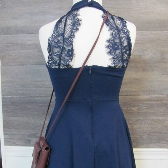 LULUS NAVY BLUE SKATER DRESS EYELASH LACE TRIM - Picture 3 of 10